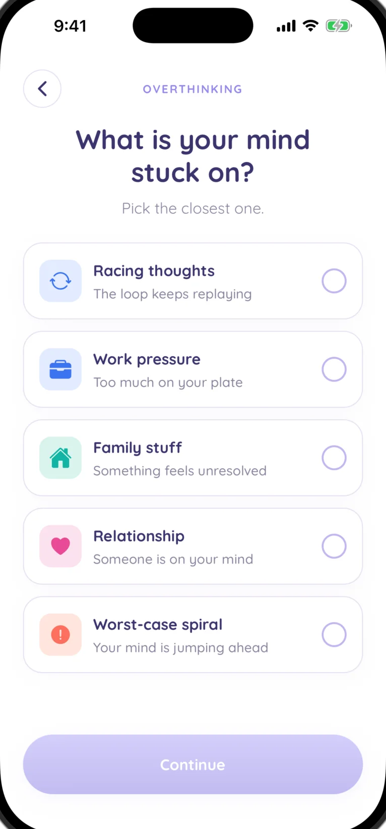 MoodPalz overthinking tool asking “What is your mind stuck on?” with options like racing thoughts and worst-case spiral