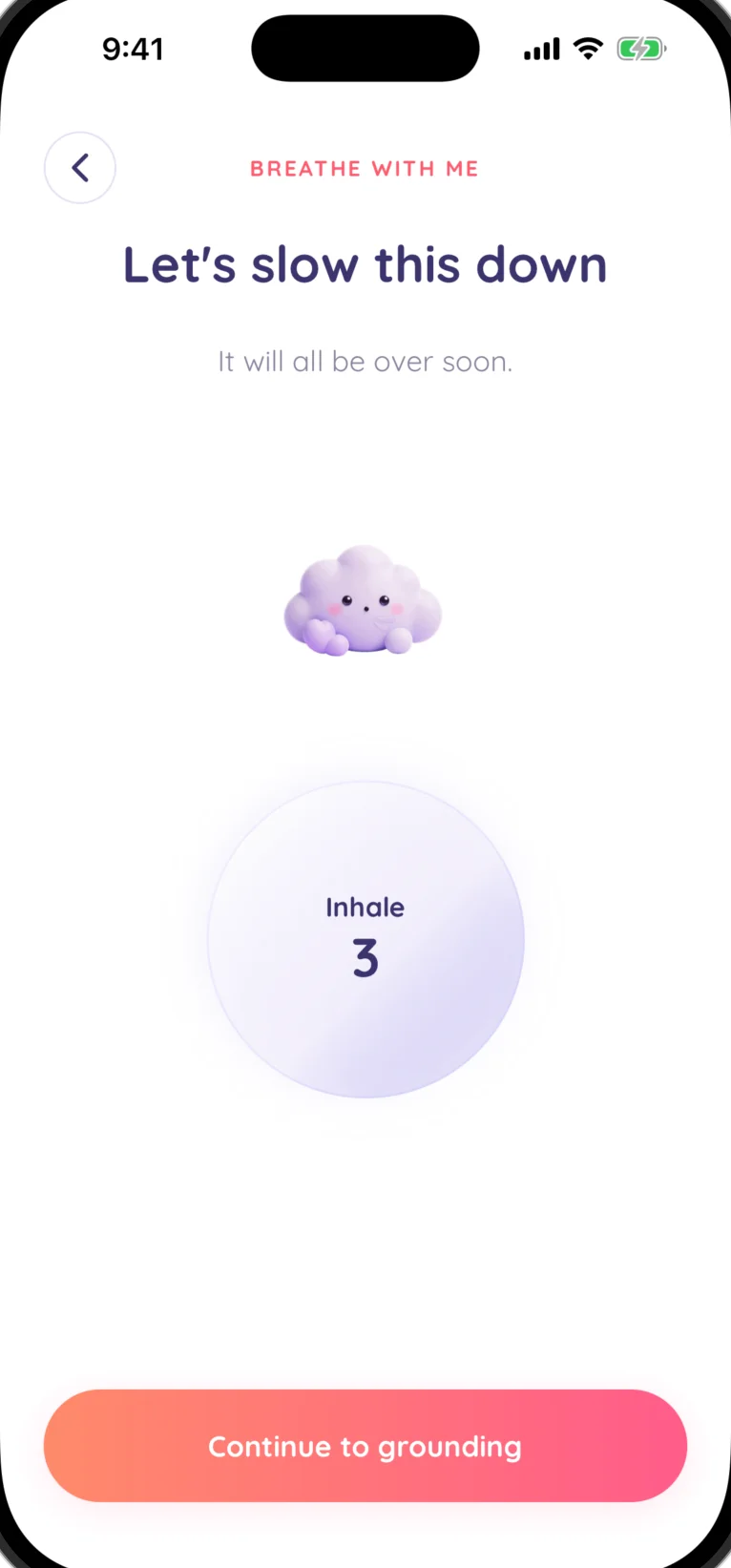 MoodPalz guided breathing exercise with a paced inhale counter to calm anxiety