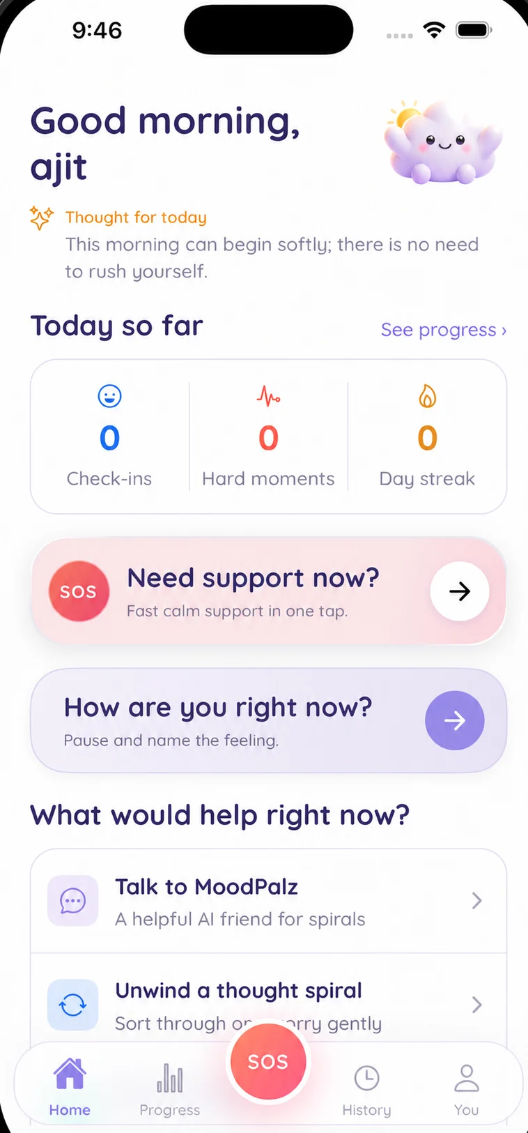 MoodPalz home — your safe space with check-ins, SOS, and quick tools